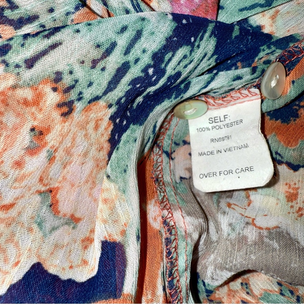 Fig & Flower Women’s‎ Sheer Floral Orange Pink Green BOHO Chic Casual Blouse Top - Picture 10 of 13